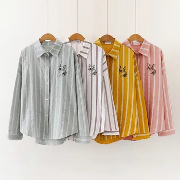 

Fashion Puppy Embroidered Women Blouses Casual 2019Autumn Striped Long Sleeve Shirt Harajuku Tops