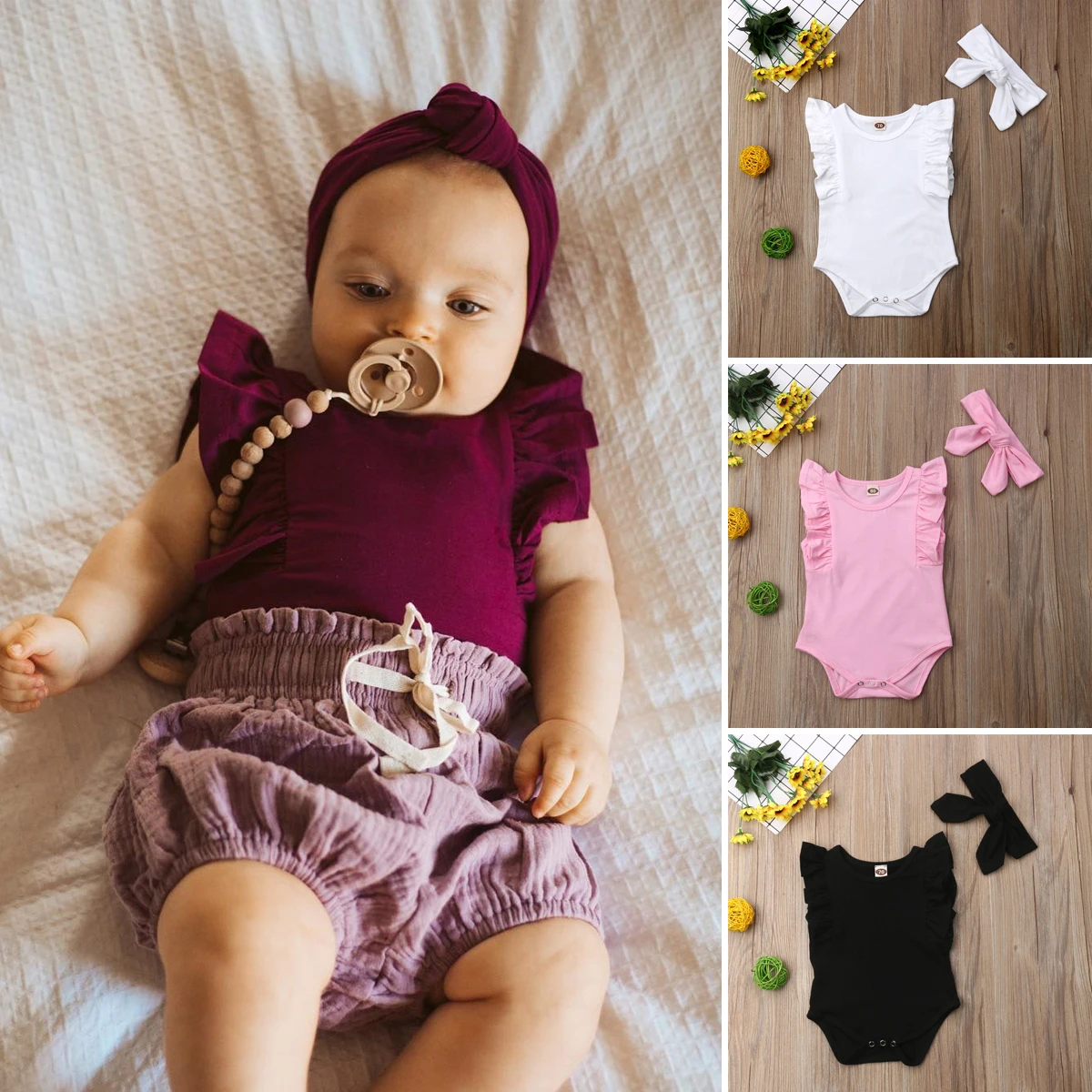 Baby Girls One Pieces Clothes de Sleeveless Headband Bodysuits Girl bebe Newborn Ruffles bebe With roupas Bodysuits Summer body