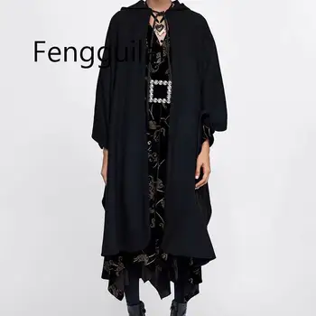 

New Women Winter Black Long Coat Ladies Cotton Fashion Jackets Women-s Harjuku Hooded Cloak Capes Ponchos Capas Mujer