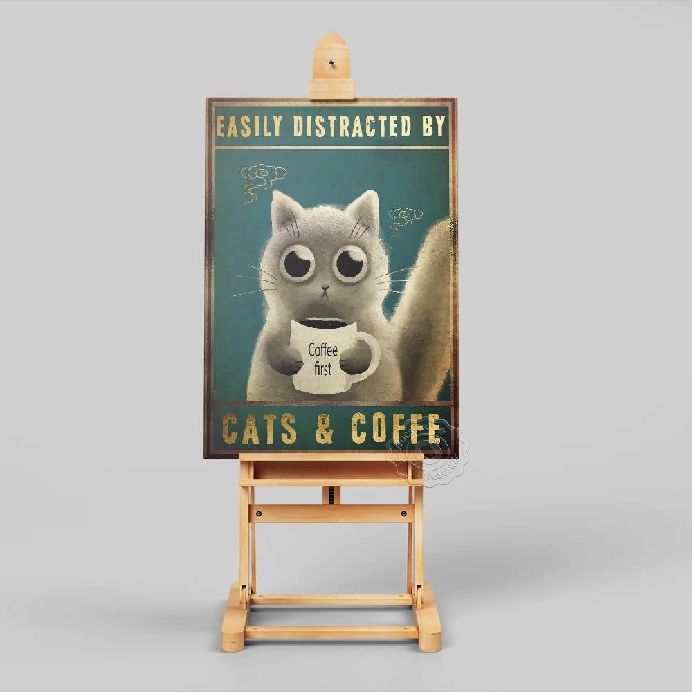 Affiche Toile Humour Chat Et Café « Bonjour Mon Amour » - Déco Murale Salon 40x50cm, Sans Cadre