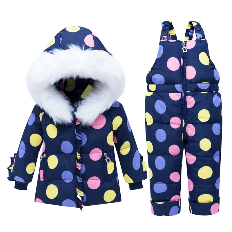 

Winter Clothing Set for Girls Dot Down Coat + Overalls Suits Warm Windproof Snowsuit Toddler Children Ski Suit