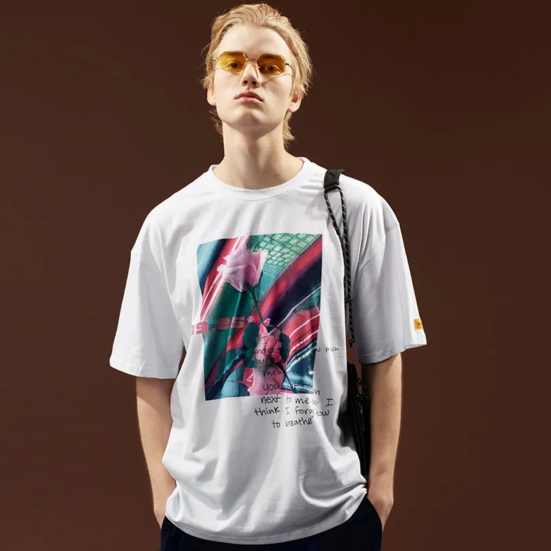 Мужские футболки, футболка с коротким рукавом, модные уличные футболки в стиле хип-хоп, уличная футболка, Мужская Уличная Футболка с принтом розы, уличный стиль