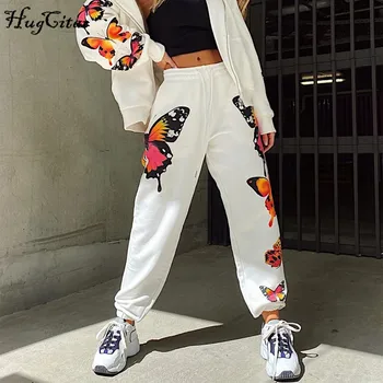 

Hugcitar 2020 high waist butterfly print sweat pants spring summer women new arrivals streetwear casual trousers
