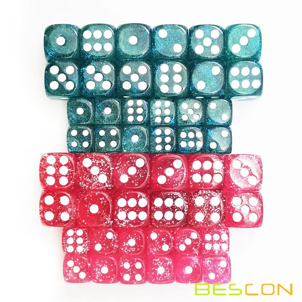 Bescon Ethereal Glitter Dice D6 16MM&12MM 48pcs Set, Game Dice Glitter Rose and Teal in 12MM&16MM Each 12pcs 3