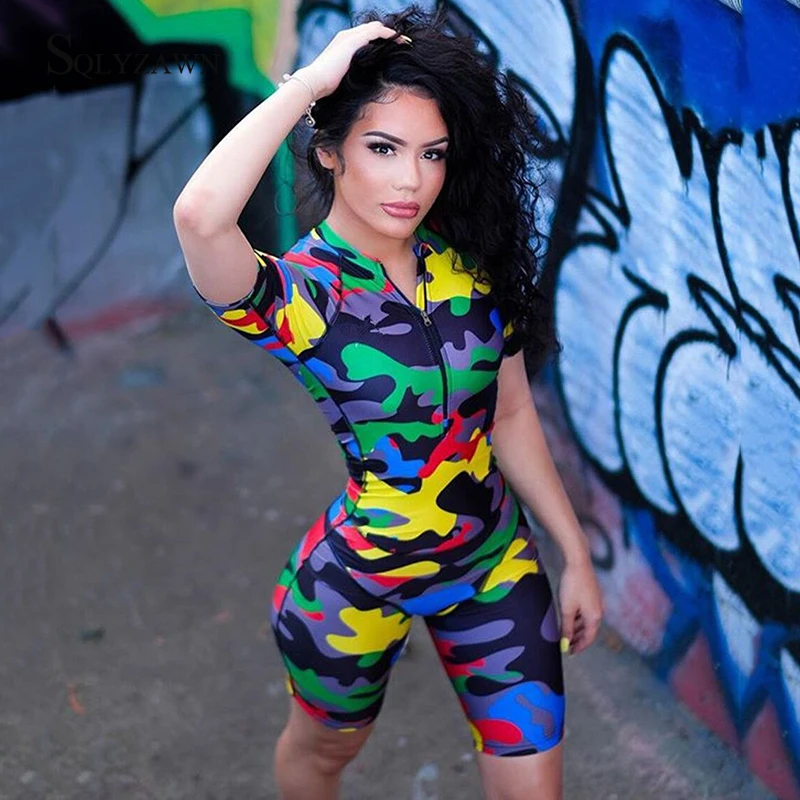 

Women Sexy Camouflage Print Short Sleeve Bodycon Playsuit Streetwear Colorblock Zipper Jumpsuit Camo Romper Plus Size Costume