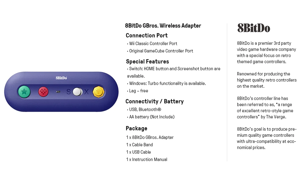 8bitDo GBros Wireless Adapter for NES SNES SF-C Classic Edition Wii Classic for Switch Gamecube