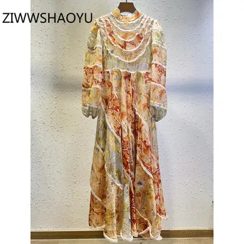 

ZIWWSHAOYU Fashion Women Autumn Winter Vintage Party Long Dress Bohemian Flower Print Splicing Lace Lantern Sleeve Dress