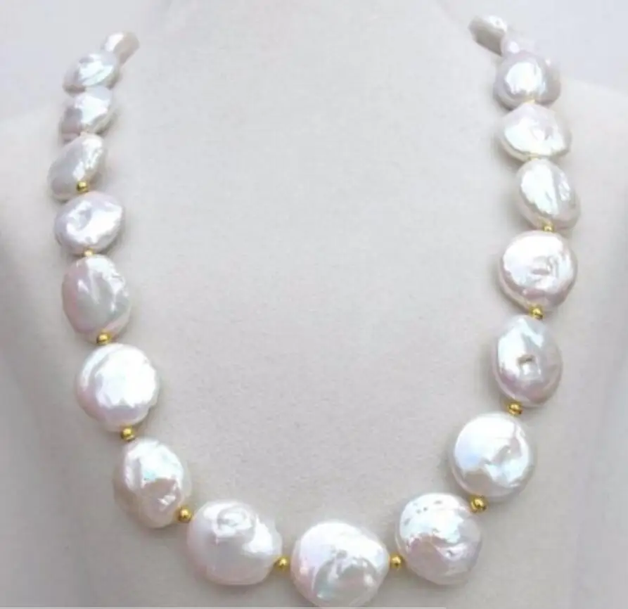 Jewelry Free Shipping AAA++ 17-18mm south sea white coin pearl necklace 18&quot 925silver GOLD CLASP | Украшения и аксессуары