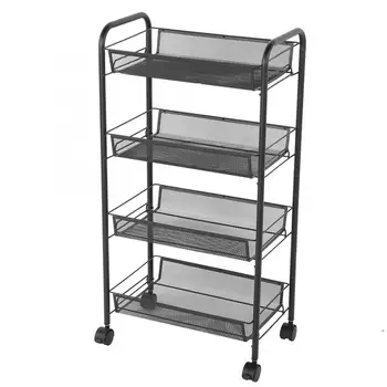 

4 Tiers Rolling Wheels Kitchen Metal Trolley Cart Beauty Hair Salon Storage Rack Black Kitchen Trolley
