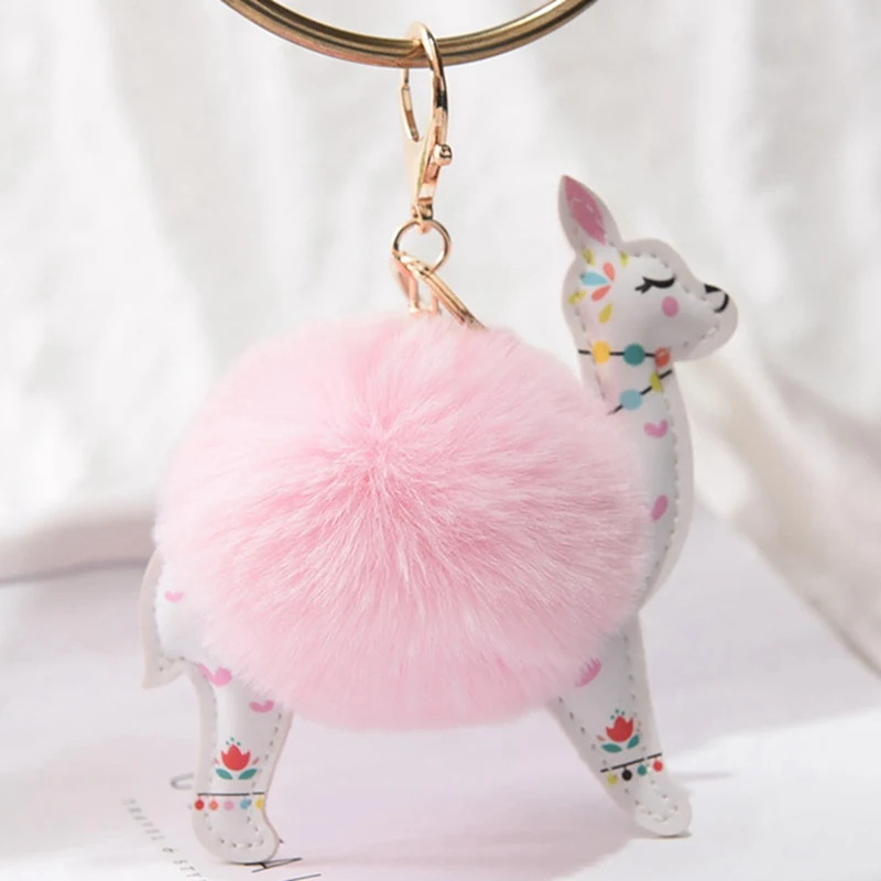 Милые животные помпон брелоки пушистый кролик мех мяч милый Альпака брелок сумка Подвеска Брелоки для ключей автомобильные аксессуары - Цвет: PK