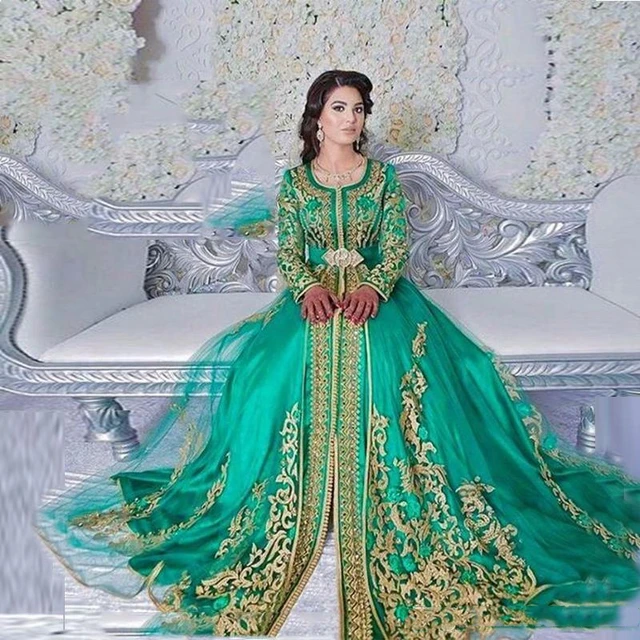 Vintage Long Sleeve Caftan Emerald Green Moroccan Kaftan Formal Evening Dress Abaya Designs Dubai Muslim Gown Prom Dresses 4