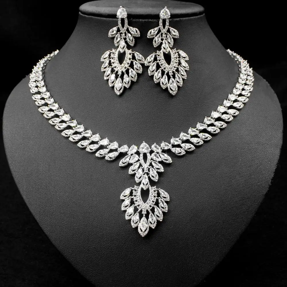 

2020 Brilliant CZ Zirconia Big Long Chandelier Drop Earrings Necklace Bridal Jewelry Sets Wedding Dress Accessories