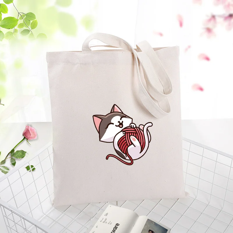 

Tote Bag Canvas Handbag cat Shopping Bag Text DIY Daily Use Custom Print Logo Eco Reusable Recycle