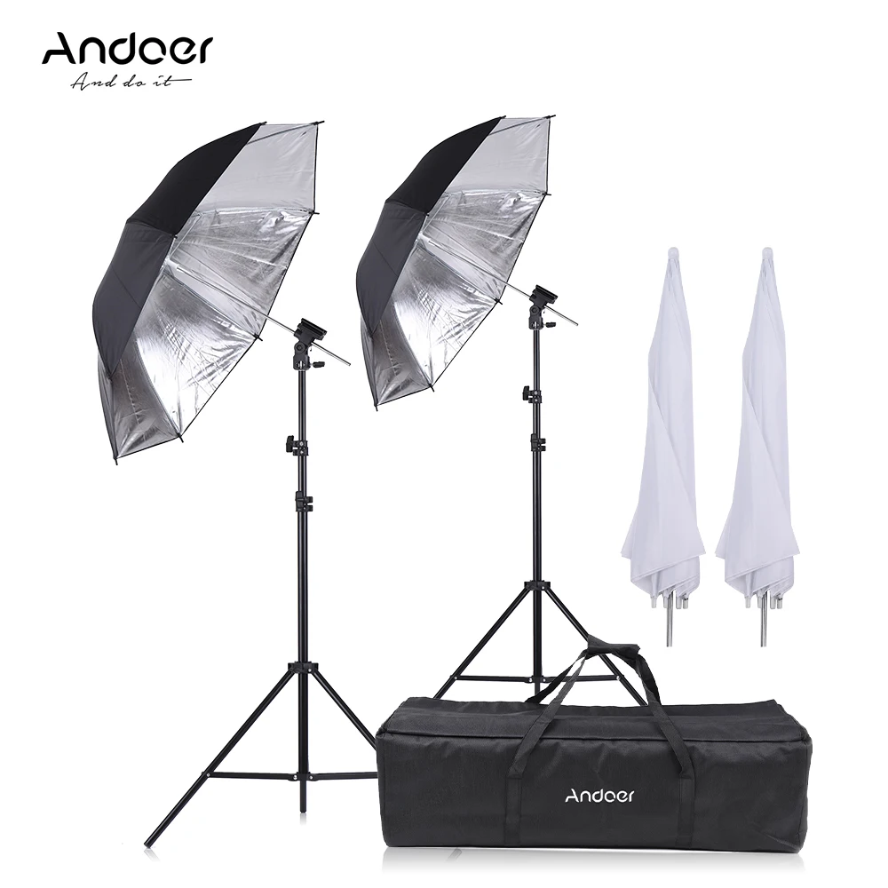 

Andoer Off Camera Double Speedlight Flash Shoe Mount Swivel Soft Umbrella Kit with Translucent White Soft Umbrella