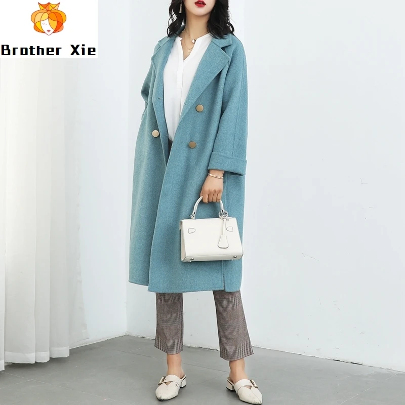 

Double-sided cashmere overcoat spring 2020 new 100% wool coat for women winter overcoats wide-waisted blue coats alpaca woolen