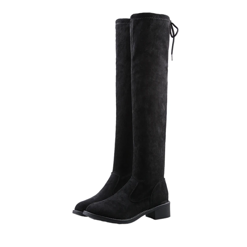 Длинные эластичные носки-трубы bottes femme, узкие ботфорты на толстом каблуке, однотонные зимние сапоги из флока на шнуровке сзади женская обувь
