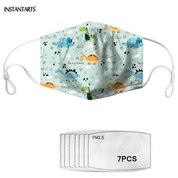 

INSTANTARTS Cartoon Dinosaur Print Kids Mouth Mask Adustable Washable Masks Haze Dust Proof with 7pcs Replaceable Filter Paper
