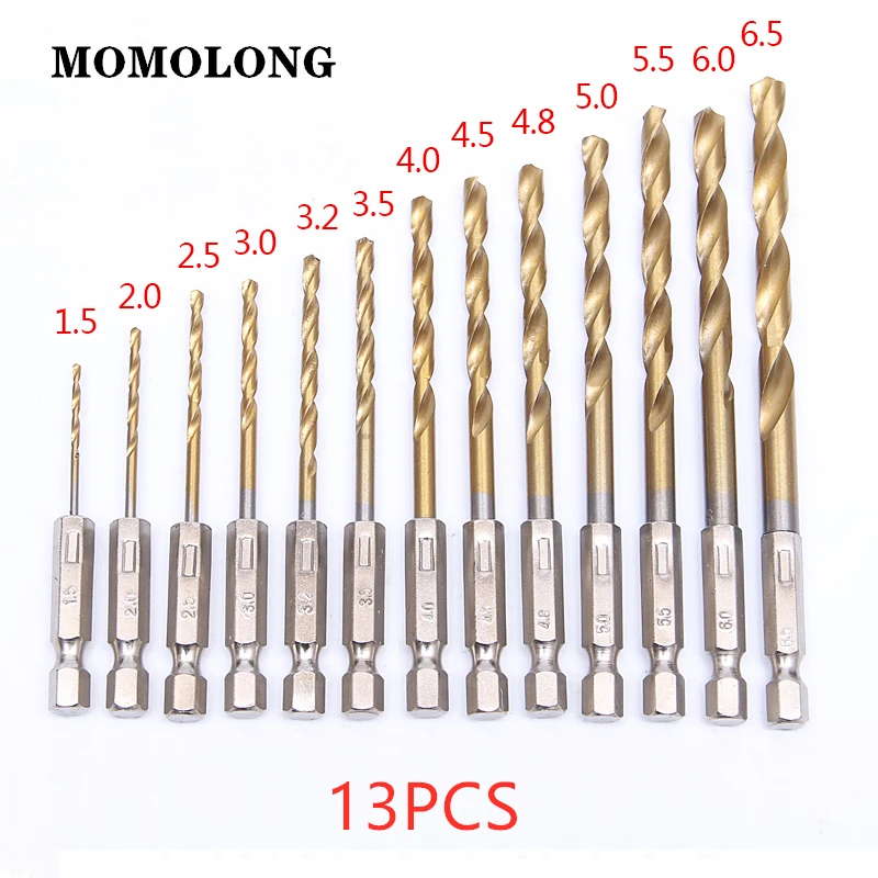 Набор сверл из быстрорежущей стали, 1,5-6,5 мм, с титановым покрытием, с шестигранным хвостовиком 1/4, 13 шт./лот бесплатная доставка 13 шт компл высококачественные спиральные сверла из быстрорежущей стали с титановым покрытием набор сверл для дерев
