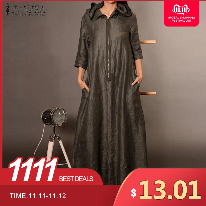 Acheter 2019 ZANZEA automne Robe à capuche femmes Robe d été grande taille Punk décontracté fermeture éclair longue Vestidos Femme à manches longues tunique Robe Femme
