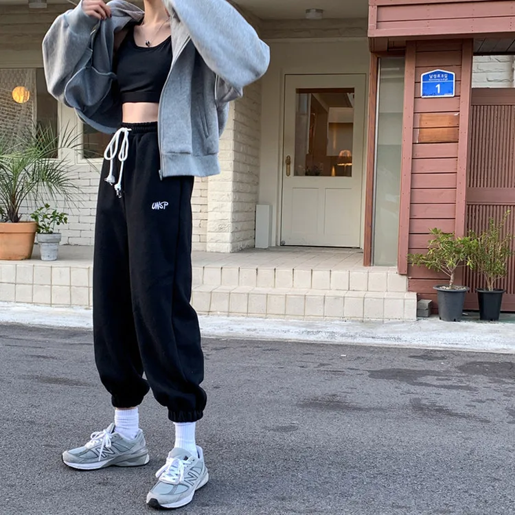 Winter white Sweatpants Women European Style Sports Plus fleece Pants Baggy Harajuku Gray Loose Trousers Straight Pants Girls black pants