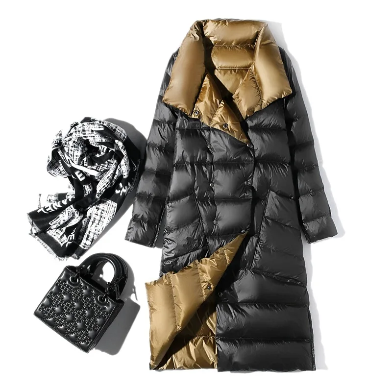 Женский Двухсторонний пуховик, Длинная зимняя куртка с высоким воротником, модный светильник, тонкий пуховик, двубортная парка, теплая зимняя верхняя одежда