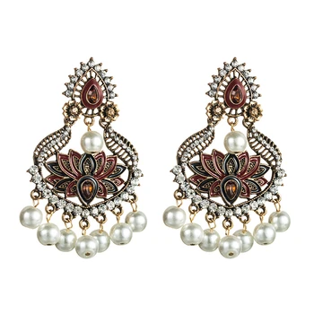 

Christmas Enamel Lotus Flower Handmade Pearl Beads Indian Jhumki Jhmuka Earrings Fashion Korean Xmas Bridal Party Jewelry