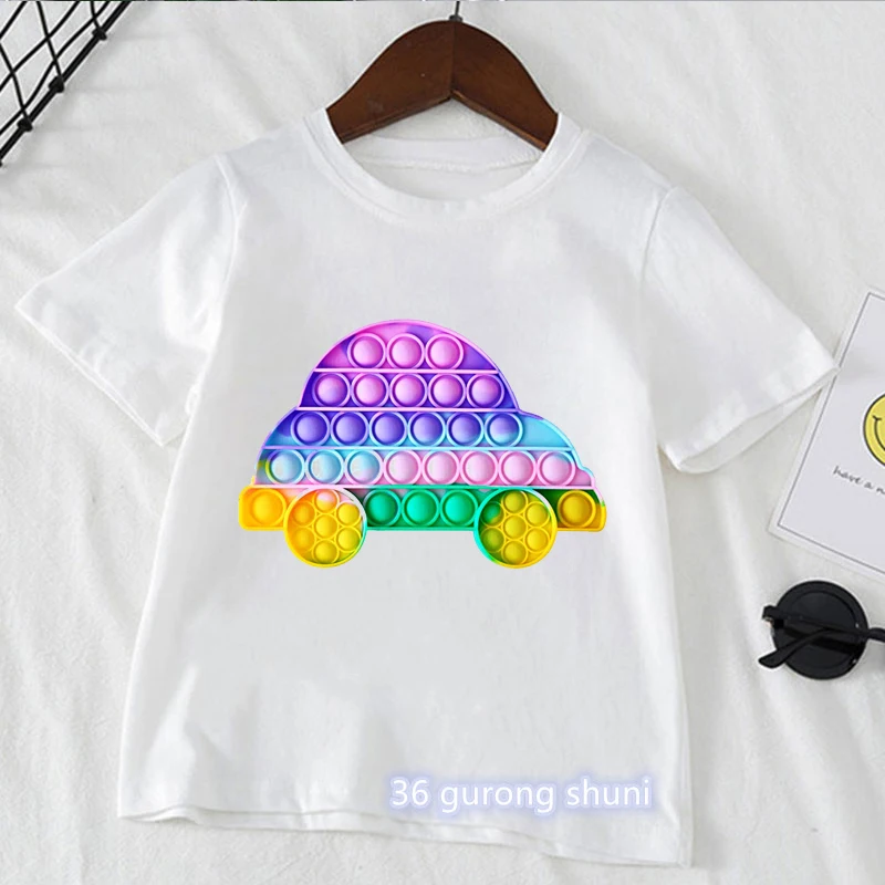 

Lovely Car Fidget Toys Popit Tshirt For Girls/Boys Summer Fashion Kids Clothes Harajuku Kawaii Children Clothing Dropshipping