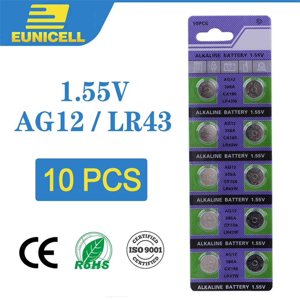 10pcs Alkaline Cell Coin Battery 1.55V AG12 LR43 Button Batteries SR43