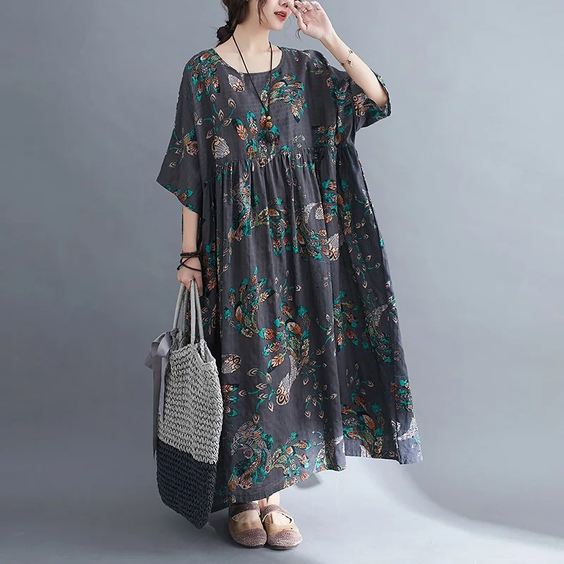 Women Summer Dress Vintage Floral Print Abstract Short Sleeve Loose Casual Dress