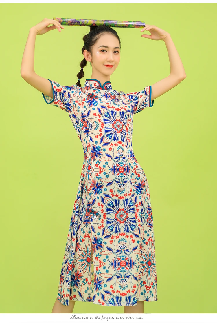 SWEETXUE Улучшенный чёнсам Лето достойная атмосфера модное платье для девочек современные с коротким рукавом печатных разрезов Элегантное Длинное Платье