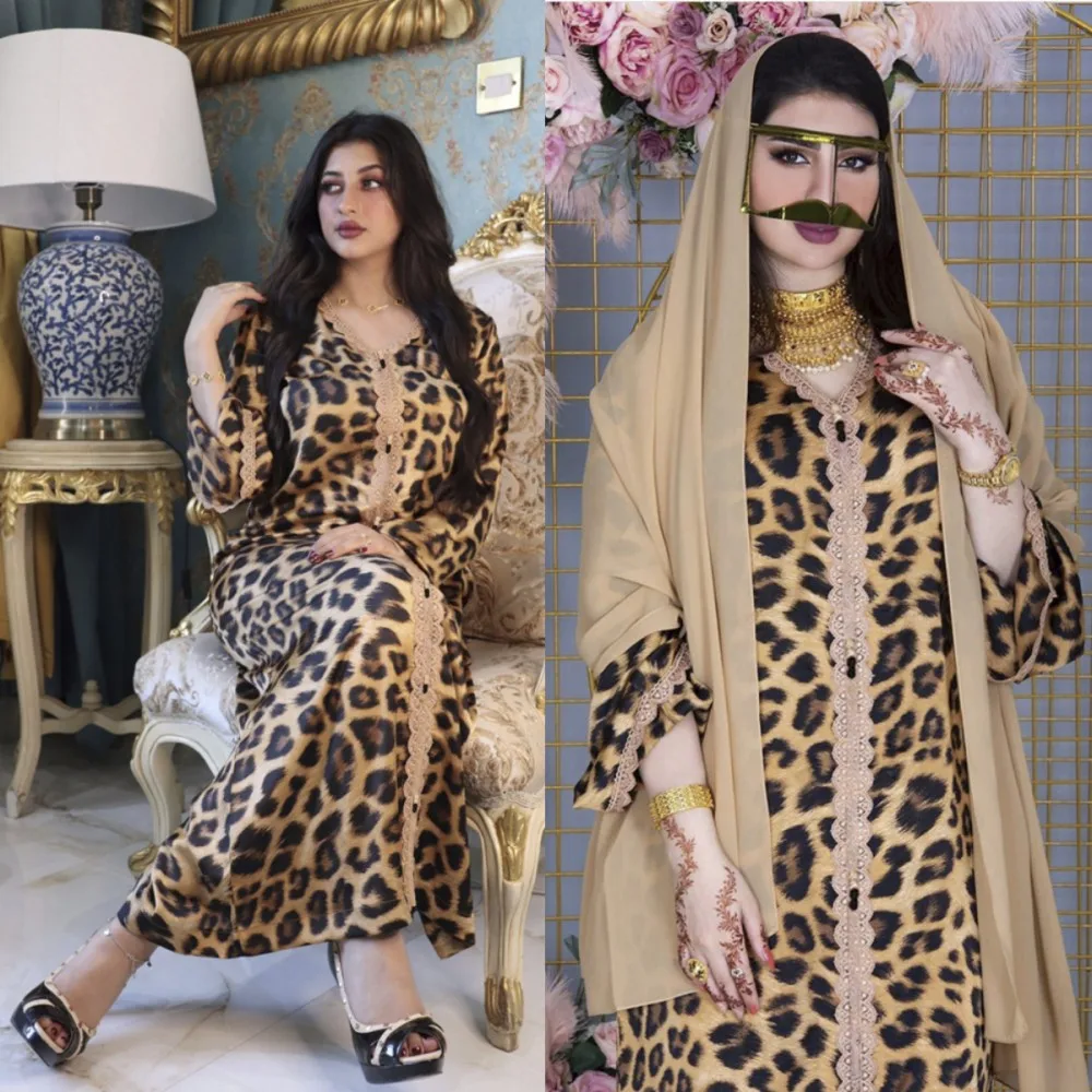 Muslim Robe Lady Print Leopard Print Dress Dubai Arab Ramadan Clothing Eid Long Sleeve Dress Stylish Elegant Spring/Summer New