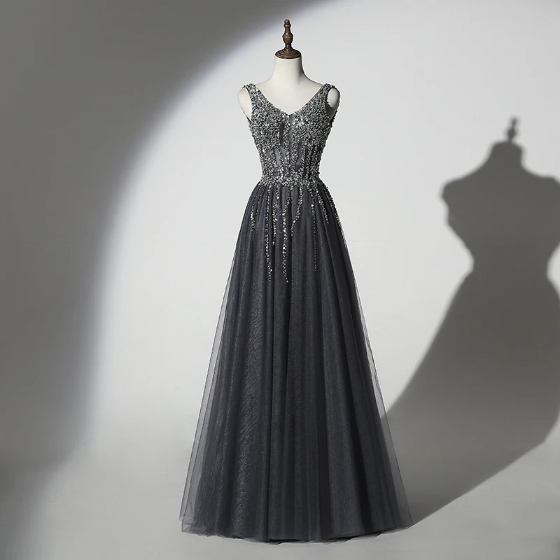 

New Arrival 2019 Long Dress Tulle Deep Gray Sequined Vestidos Para Festa Sexy Backless Dresses Sleeveless Formal Gown V Neck