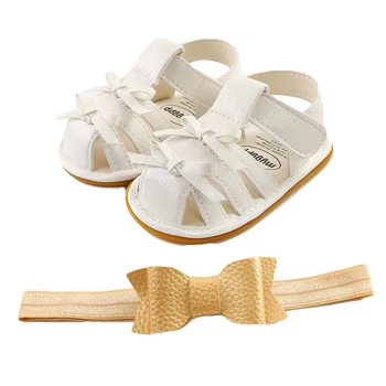 

2Pcs Baby Sandals and Headband Set Non-Slip Rubber Sole Flats + Hairband Bow Elastics Infant Girls Sandals Summer Shoes