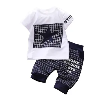 安い 男の子子供夏半袖スタープリントシャツスポーツウェア Tシャツトップ + チェック柄ショートパンツ洋服衣装 0- 4 Y