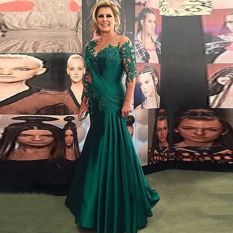 

MMZ002 Custom Made Vintage Lace and Satin Mother of the Bride Dress Green Long Sleeves Ruffles Beautiful Mother Dress