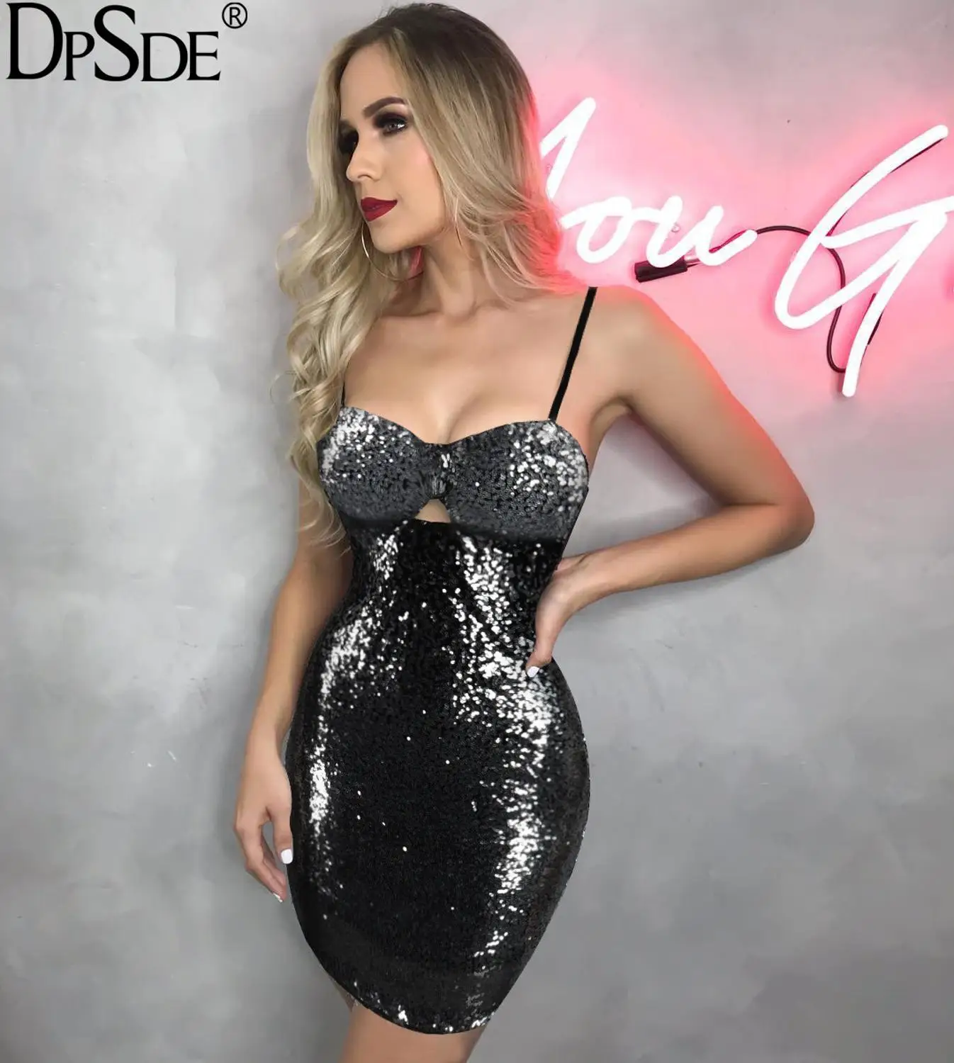 DPSDE Блестки без бретелек Bodycon мини платье ночной клуб вечерние посылка бедра