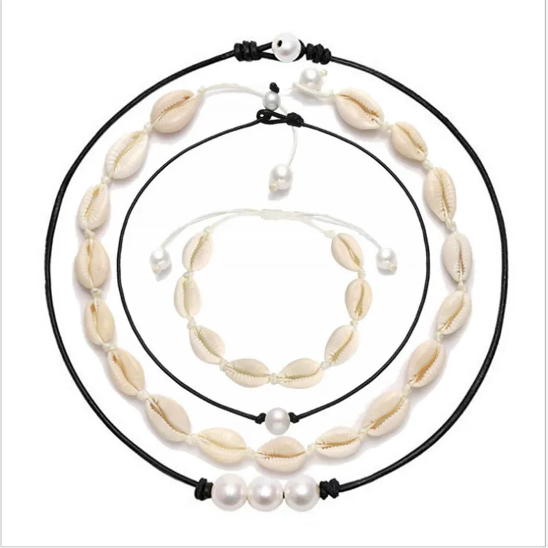 

Bohemian Freshwater Pearl Natural Shell Set 4PCS/Set Fashion Sets Bracelet Necklace Ladies Children Necklace Sets Jewelry