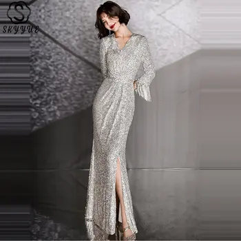 

Skyyue Tassel Sequins Evening Dress Mermaid Robe De Soiree K018 Long Plus Size Women Party Dresses 2019 Long Sleeves Formal Gown