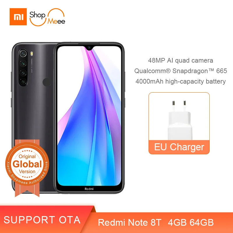 

New Arrival Global Version Xiaomi Redmi Note 8T 4GB 64GB 48MP Quad Camera Snapdragon 665 Octa Core version 6.3 "4000mAh NFC