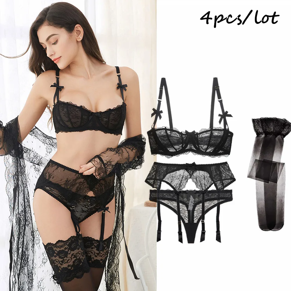  Luxury Half Cup Lace Transparent Ultra-thin Solid Lolita Style 4 Pieces/Lots Bra Set and Garter and