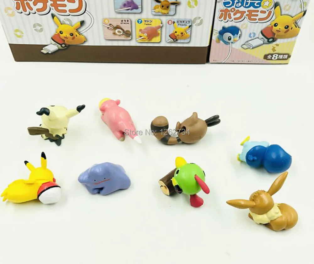 Free Shipping EMS 30Sets/8PCS Pikachu Eevee Mimikyu Ditto Piplup Sentret Slowpoke 6CM PVC Animal Cable Protector Action Figures