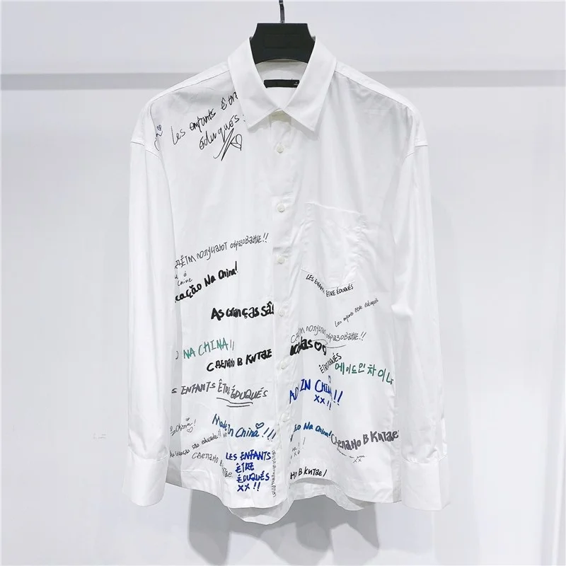 

Мужская хлопковая однобортная рубашка с лацканами и надписью на английском языке, Свободная Повседневная белая рубашка с длинными рукавами и принтом граффити, весна-лето 100%