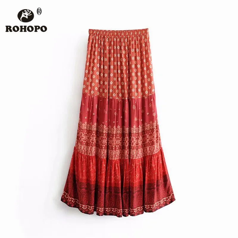 

ROHOPO Vintage High Waist Daisy Floral Patchaork Maxi Midi Skirt Ruffled Red Accordion Retro Paillettes Cotton Falda #8510