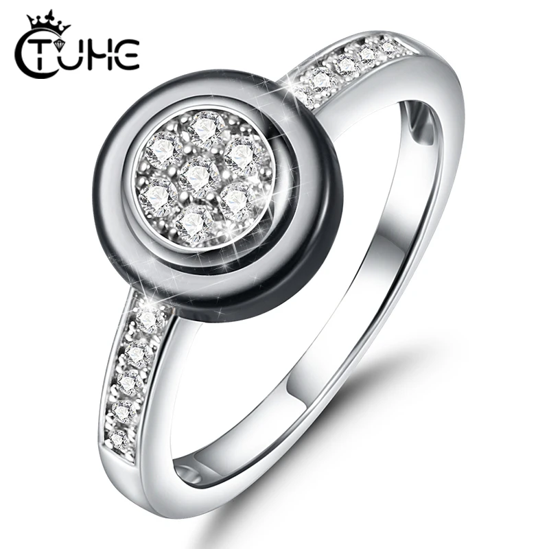 2mm Width Black White Ceramic Rings for Female Crystal Zircon Rings for