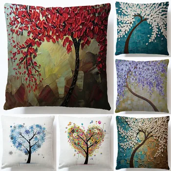 

Three-dimensional Oil Painting Tree Linen Pillowcase Cartoon Flower Pattern Cushion Cover European Waist Pillow Sofa Pillowcase