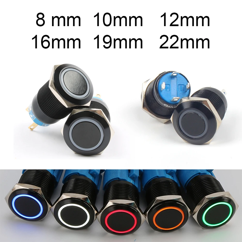 Electric Waterproof Power 12v Led Light Momentary Black Push Button Switch 8/10/12/16/19/22 mm Pressure Switches 220v Aluminium afbeelding