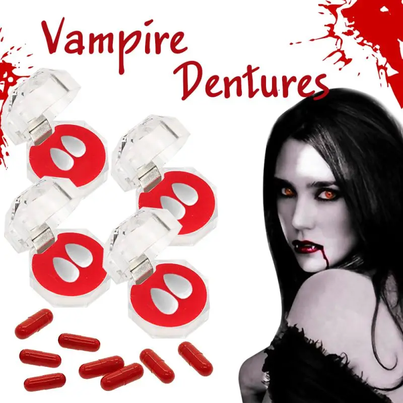 

8PCS Fake Blood Capsules And 4PCS Vampire Denture Teeth Boxes Vampire Teeth Kit Cosplay Halloween Costume Party Favors