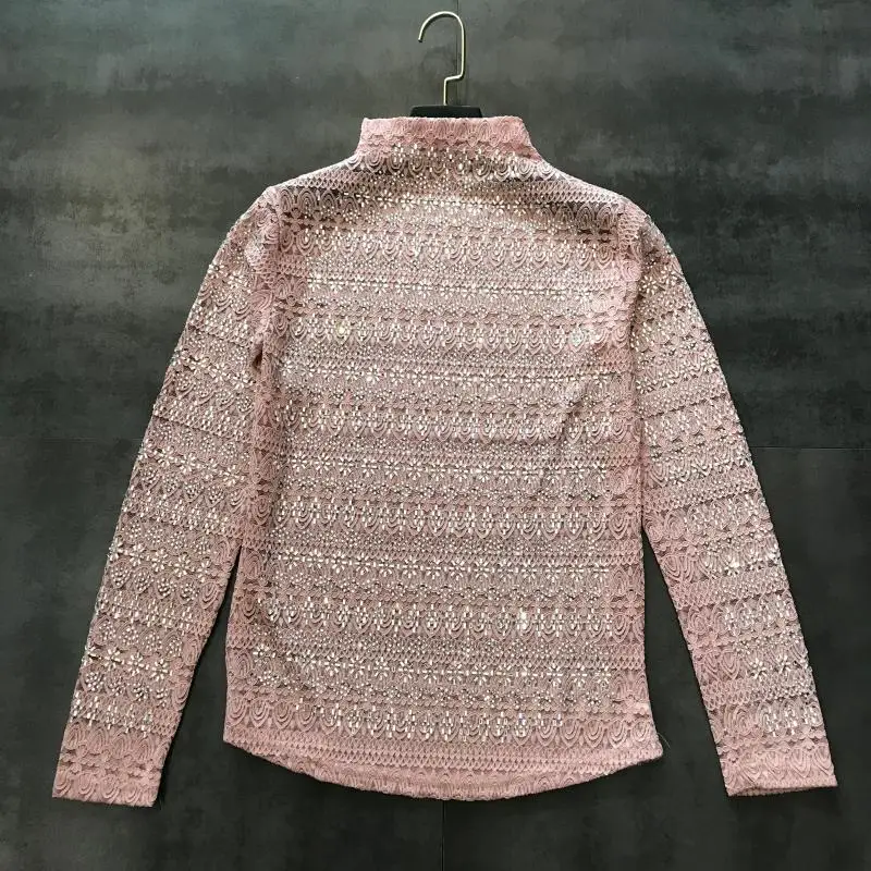 Pink Зимняя футболка с цветочным принтом и блестками, сексуальный свитер с дырочками, кружевные топы - Цвет: Pink