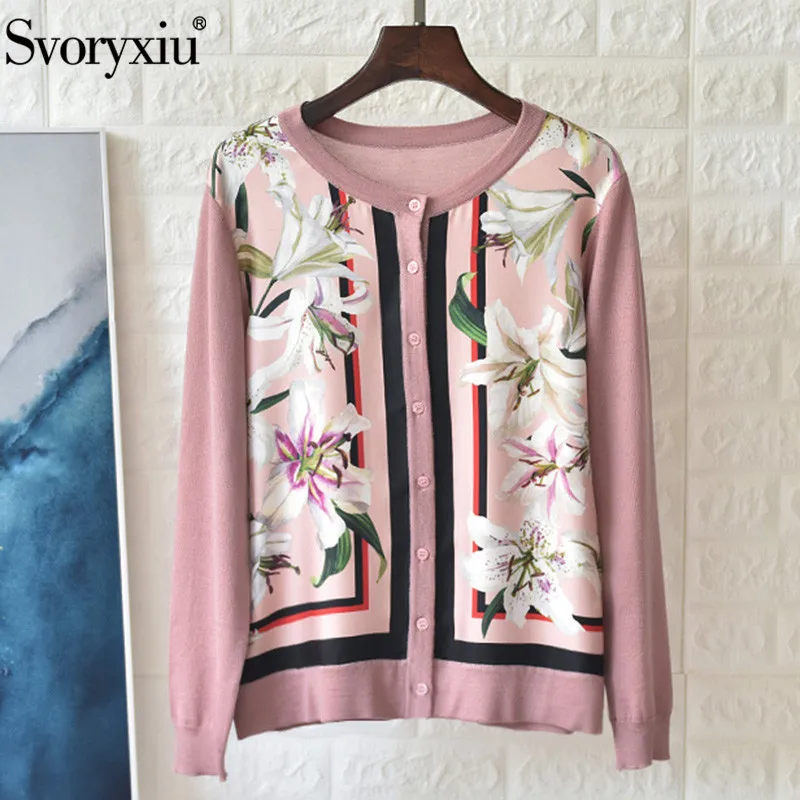 

Svoryxiu 2019 New Runway Autumn Knitting Cardigan Women's Silk lily Flower Print Patchwork Wool Sweater Coat Thin Tops