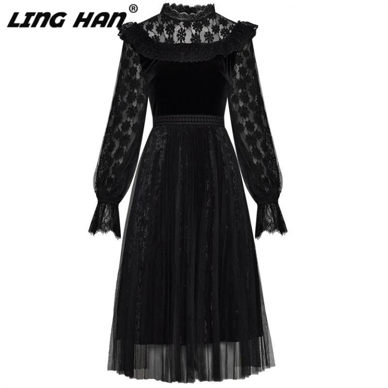 LINGHAN Vintage black Mesh Patchwork Party Dress Women Elegant Embroidery Lantern Sleeve Velvet Dresses Designer New